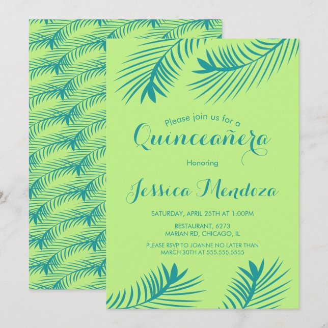 Lime Palm Leaf Quinceañera Sweet 16 Invitación (Anverso / Reverso)