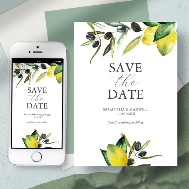 Limón Olivo Anuncio de Fecha de Boda Acuarela Mode (save the date card digital template wedding theme mediterranean invitation lemon olives botanical)