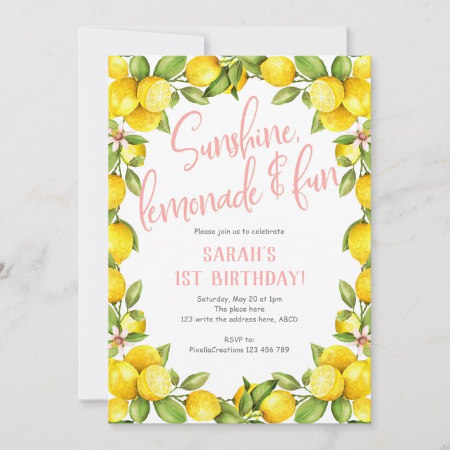 Limonada de sol, invitación de cumpleaños de limón (Anverso)
