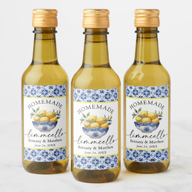 Limoncelo Calligraphy Watercolor Lemon Blue Tiles (Botellas)
