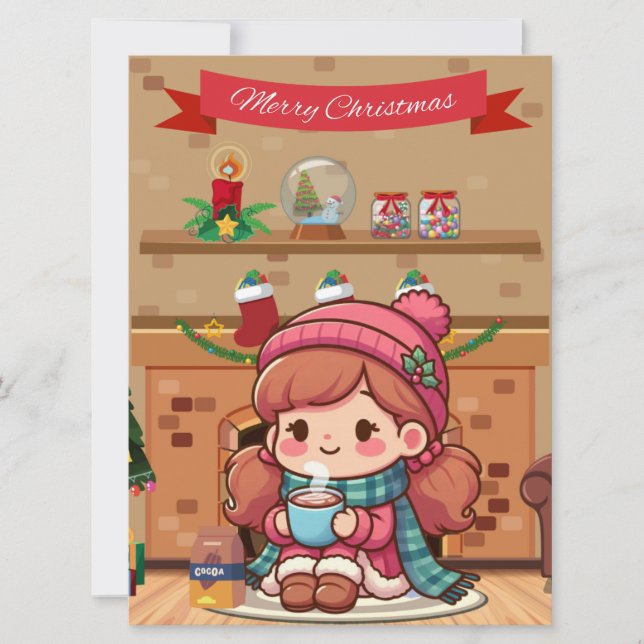 Linda chica con chocolate caliente en Navidad (Anverso)