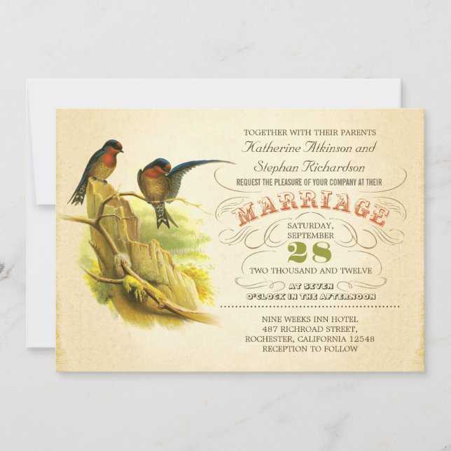 linda invitación a la boda de dos pájaros (Anverso)