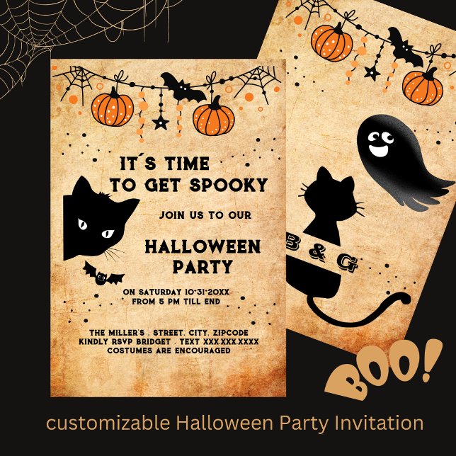 linda invitación a la fiesta de gatos negros de ha (cute customizable Halloween Party Invitation Hobinishop)