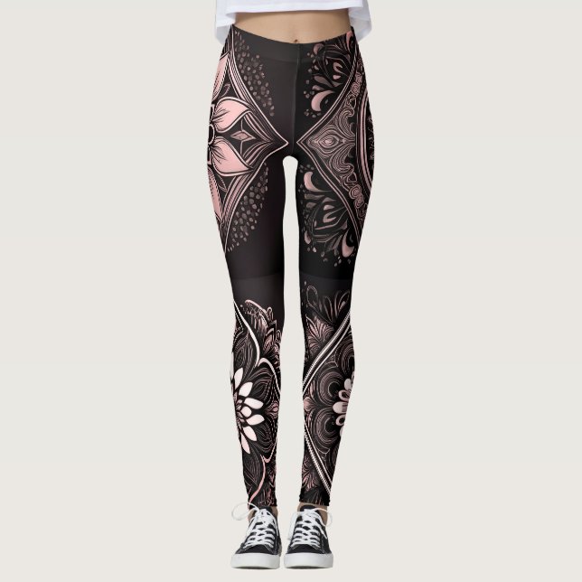 Lindas Leggings Negras con Mandala Rosa y Blanco  (Anverso)