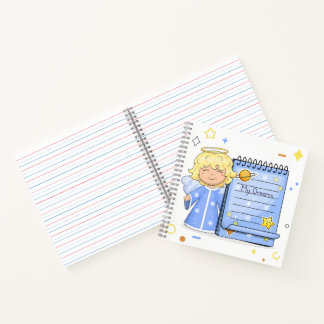 Lindo ángel de dibujos animados con cuaderno azul