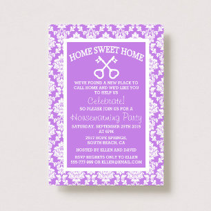 Lindo Damask Morado Hogar Dulce Hogar Invitaciones
