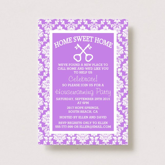 Lindo Damask Morado Hogar Dulce Hogar Invitaciones (Subido por el creador)