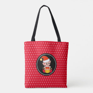 Lindo duende de Navidad en bolsa de mano roja y bl