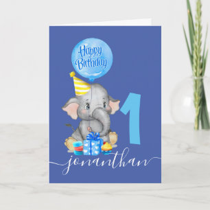 lindo elefante niño primera tarjeta de cumpleaños