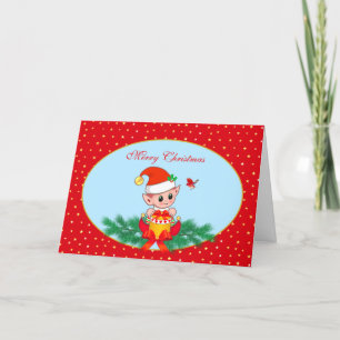 Lindo elfo de Navidad y pájaro en azul claro y roj