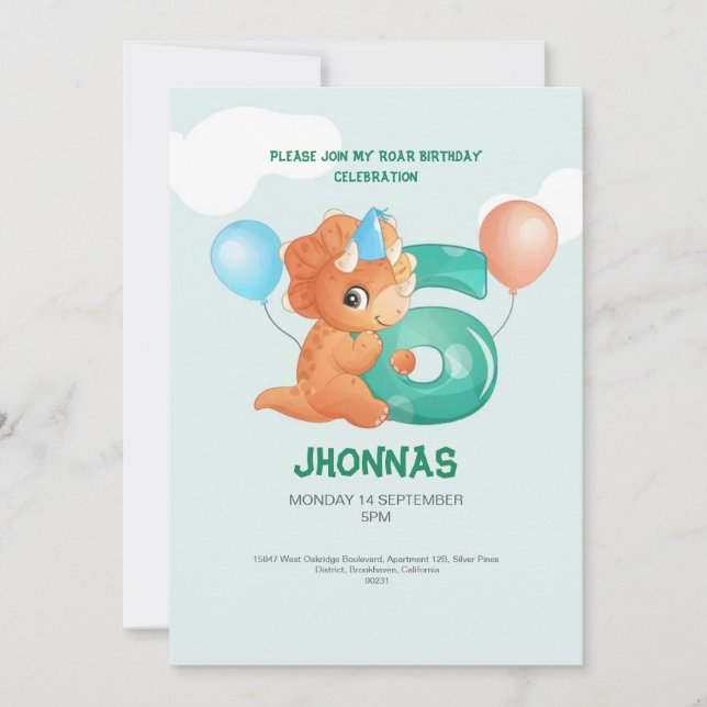 lindo fiesta trex de dinosaurio 6ª invitación de c (Anverso)