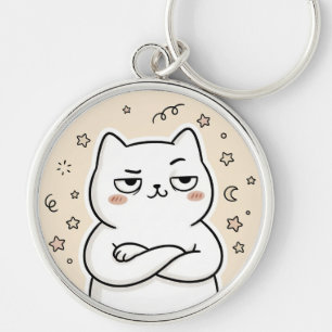 Lindo llavero redondo de gato blanco gruñón Kawaii