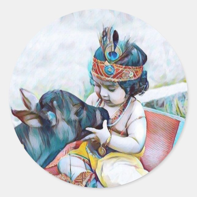 lindo lord krishna con pegatina redondo clásico de (Anverso)
