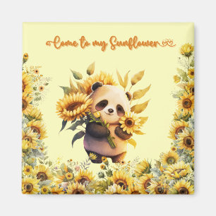 Lindo Panda Sosteniendo Girasoles   Imán Cuadrado