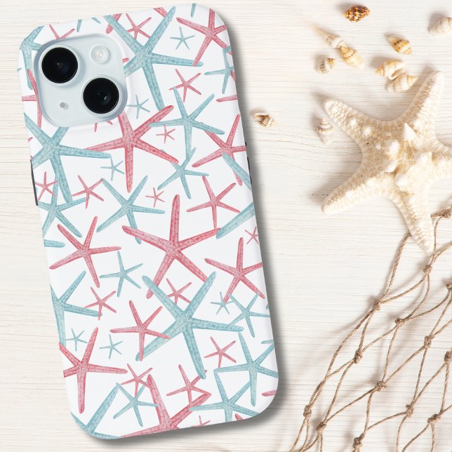 Lindo patrón de playa tropical (Summer Coastal Teal Pink Nautical Starfish Beach Case-Mate iPhone Case)
