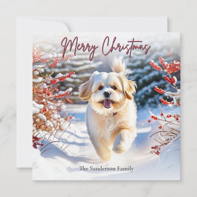 Lindo perro Lhasa Apso en la nieve Feliz Navidad (Anverso)