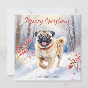 Lindo perro Pug en nieve acuarela Feliz Navidad