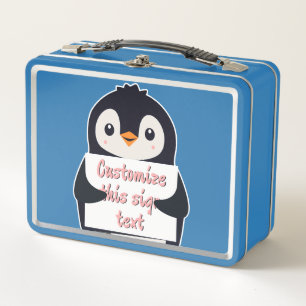 Lindo pingüino sosteniendo un cartel para texto pe