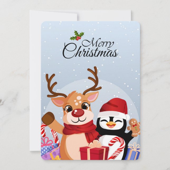 Lindo Reno y Pingüino con Regalos de Navidad (Anverso)