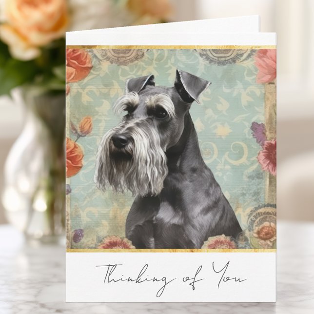 Lindo Schnauzer Floral Pensando en Ti (Schnauzer Thinking of You Card)