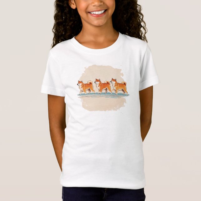 lindo shiba inu caminando en línea camiseta (Anverso)