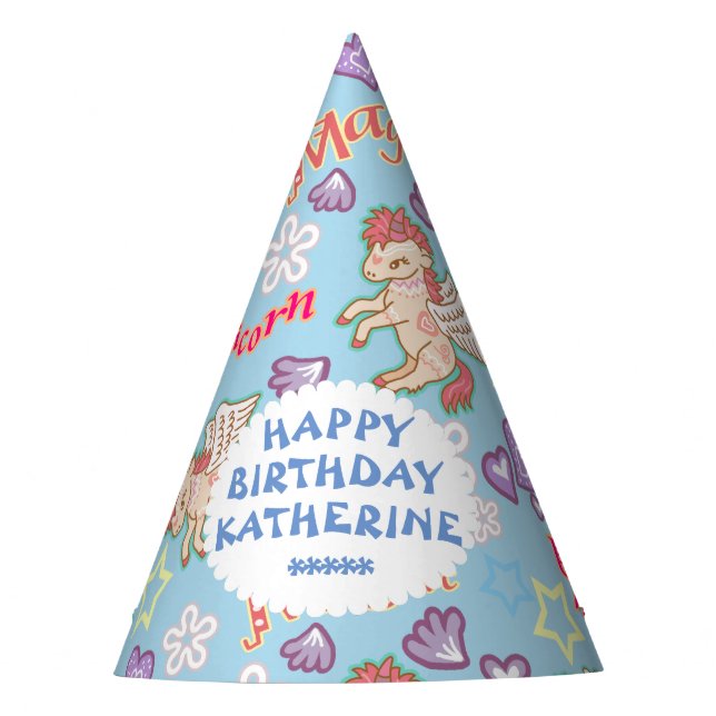 Lindo Unicornio Pastel Azul. Sombrero de Fiesta (Anverso)