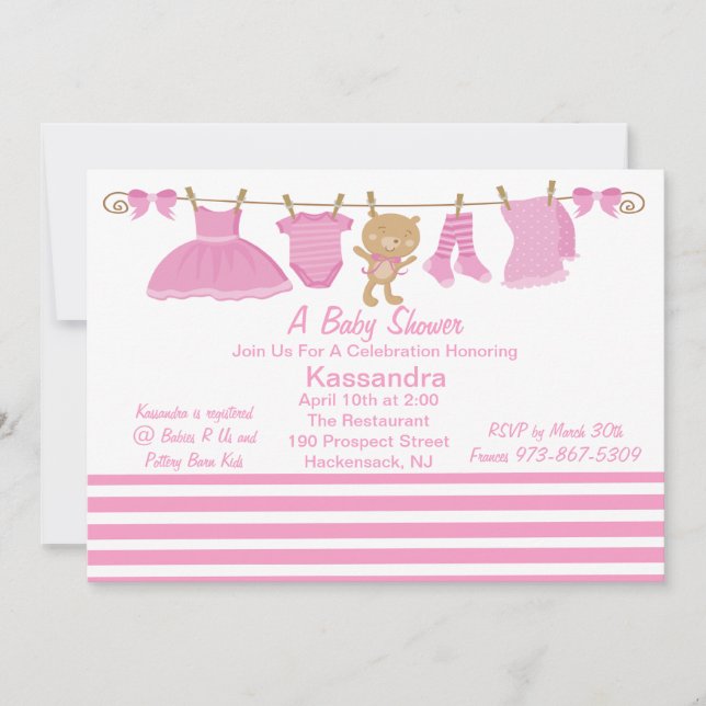 Línea de ropa rosada del bebé invitación de Baby (Anverso)