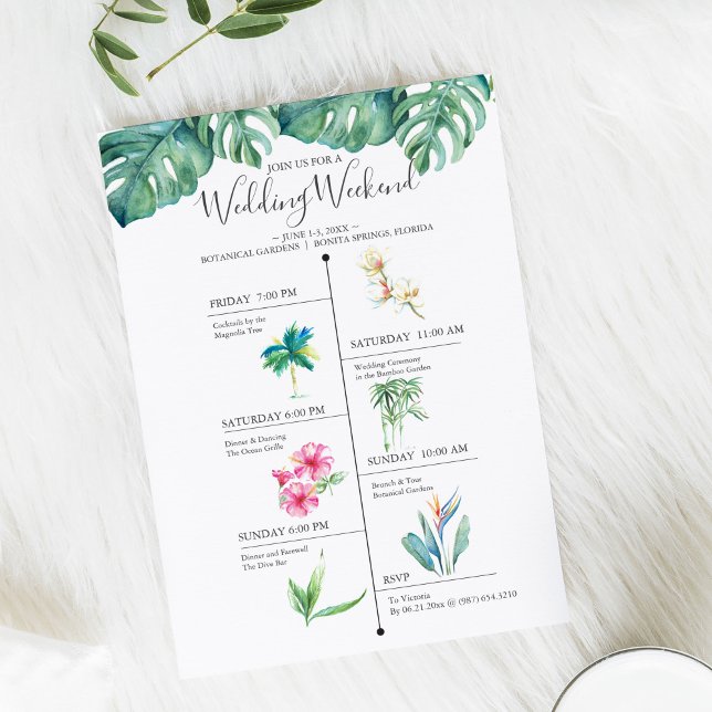 Línea de tiempo de fin de semana de la boda de des (Timeline destination wedding invitations feature tropical watercolor art by Victoria Grigaliunas )