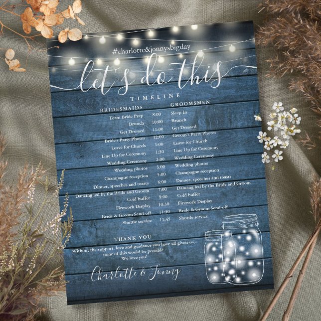 Línea de tiempo del programa de bodas Blue Rustic  (Blue Rustic String Lights Wedding Program Timeline)
