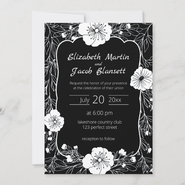 Línea floral Arte Invitación a la boda blanca y ne (Anverso)