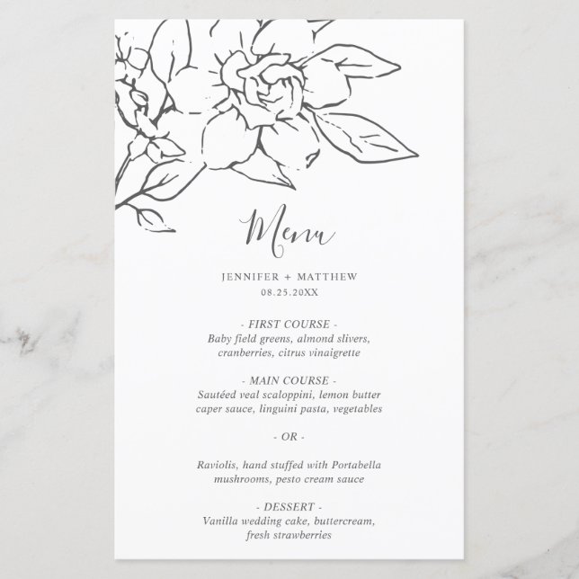 Línea Neutral Arte Floral Elegante Menú de Bodas (Anverso)