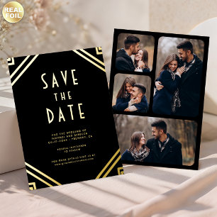 Líneas Art Deco Negras Tarjeta de Boda de Oro "Sav