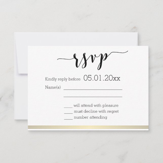 Líneas de oro de tarjetas RSVP de la boda blanca y (Anverso)
