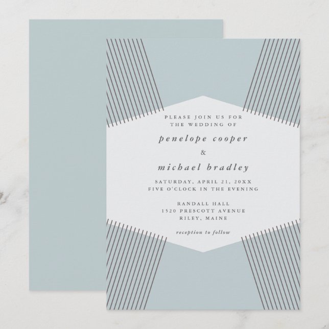 Líneas modernas Invitación a la boda azul del huev (Anverso / Reverso)