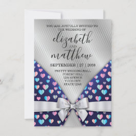 Líneas plateadas elegantes Invitación Lazo y Coraz