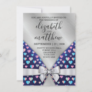Líneas plateadas elegantes Invitación Lazo y Coraz