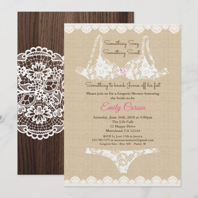 Lingerie burlap invitación a madera rústica (Anverso / Reverso)