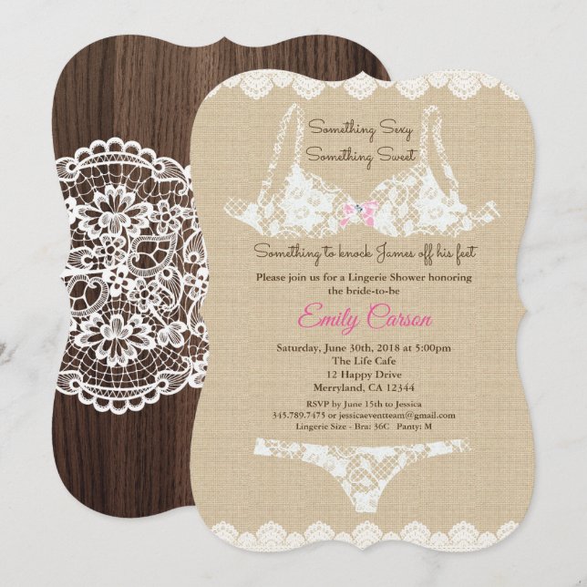 Lingerie burlap lace invitación madera rústica (Anverso / Reverso)
