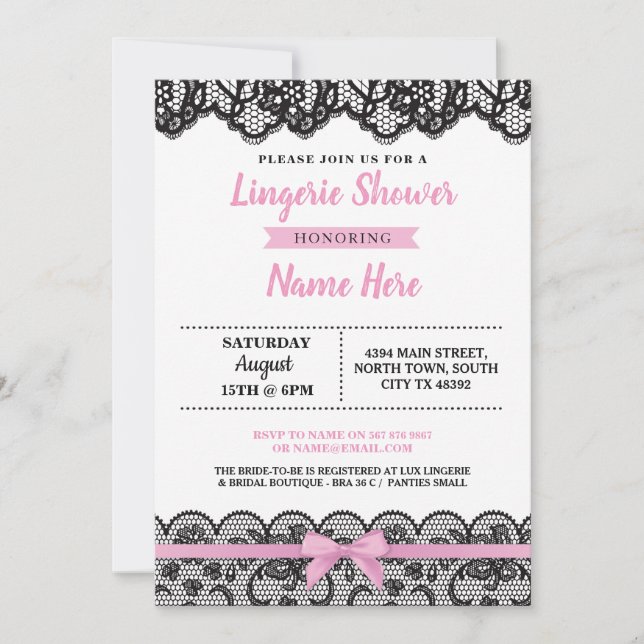Lingerie Shower Pink Bow Invitación Lace Negro (Anverso)