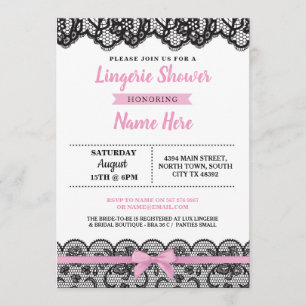 Lingerie Shower Pink Bow Invitación Lace Negro