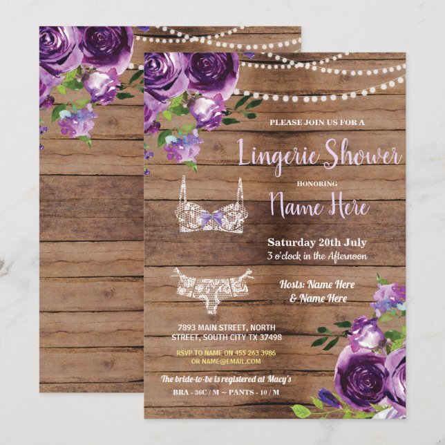 Lingerie Shower Wood Flores púrpuras Invitación (Anverso / Reverso)