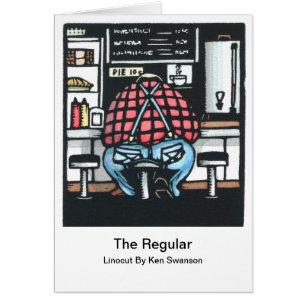 Linocut: Hombre grande en el contador del almuerzo