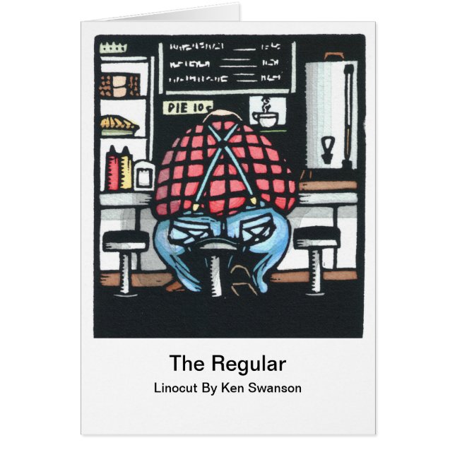 Linocut: Hombre grande en el contador del almuerzo (Frente)