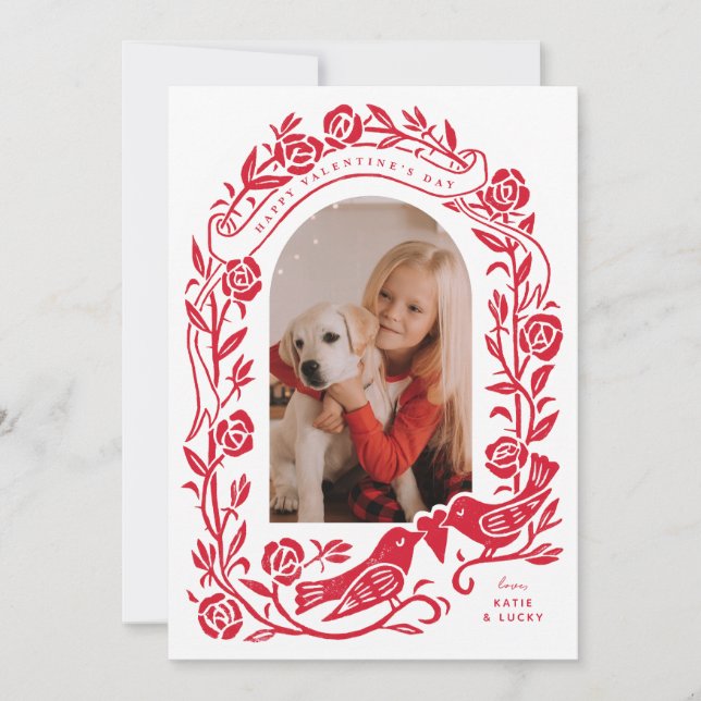 Linocut lovebirds y rosas arqueados diseño fotográ (Anverso)