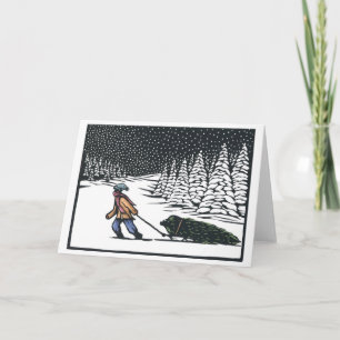 Linocut: Niño sacando el árbol de Navidad del bosq