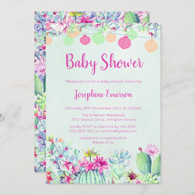 Linternas y Cactus Invitaciones a la ducha para be (Anverso / Reverso)