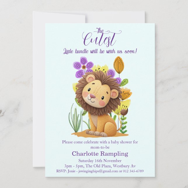 Lion Cub Baby Shower en invitación de Azure (Anverso)