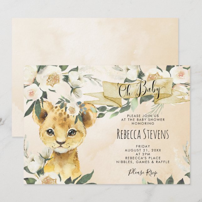 Lion cub floral neutra invitación a la ducha de be (Anverso / Reverso)