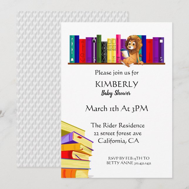 Lion Cute En Invitación De Baby Shower A La Biblio (Anverso / Reverso)
