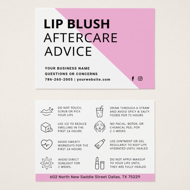 Lip rosado moderno Rubor AfterCare Tarjeta de inst (Anverso y reverso)